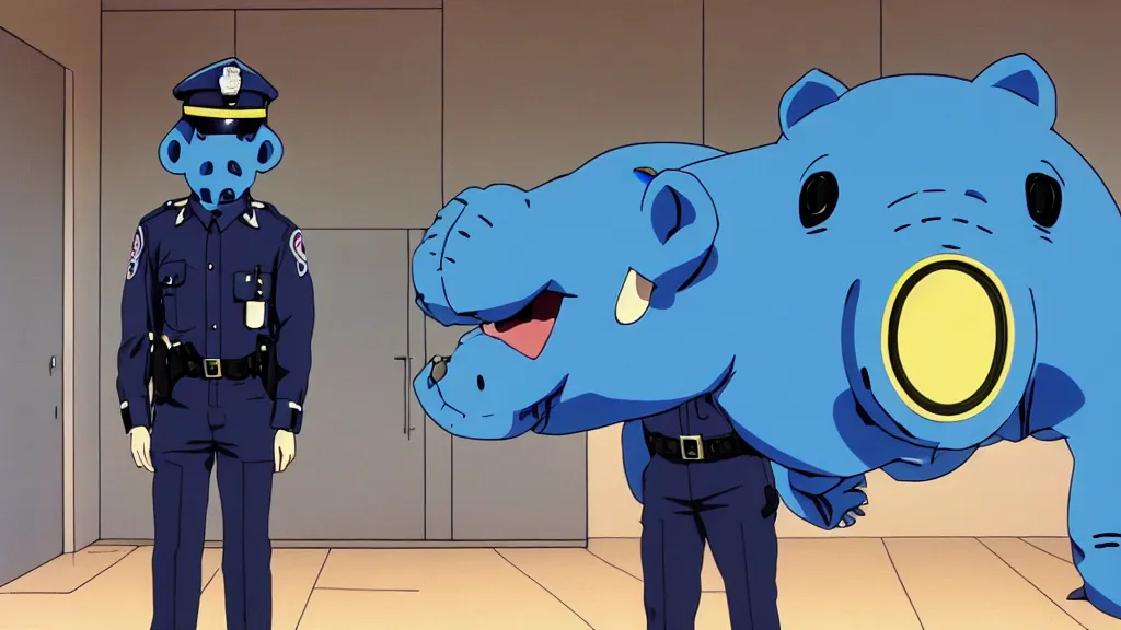 Image similar to a cop wearing a blue hippo mask standing in a police station, anime film still from the an anime directed by Katsuhiro Otomo with art direction by Salvador Dalí, wide lens