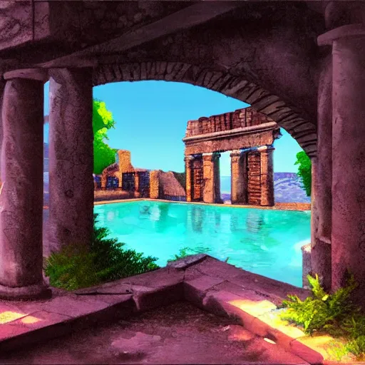 Prompt: a pool in a ancient ruins,retrowave art,trending on art station