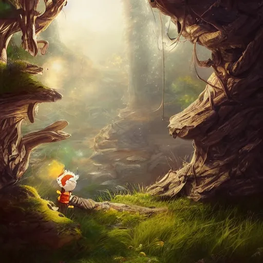 Prompt: Calvin and Hobbes in a fantasy realm, made by Stanley Artgerm Lau, WLOP, Rossdraws, ArtStation, CGSociety, concept art, cgsociety, octane render, trending on artstation, artstationHD, artstationHQ, unreal engine, 4k, 8k,