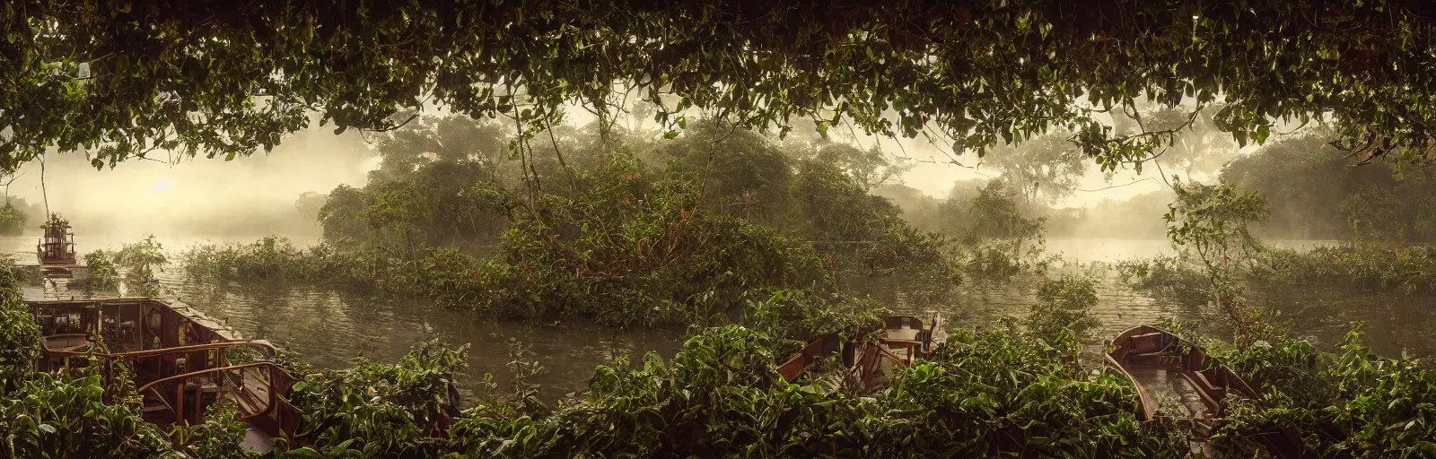 Prompt: A wooden, beautiful 1880's steamboat overgrown with intricate vines, flowers, snakes, anacondas and exotic vegetation floating down on the Amazon river. Faint lights from inside the ship. Steam. Birds circulating. The boat looks like an island. Ecosystem. Sunset. Volumetric lights. Mist. hyper-maximalistic, with high detail, cinematic, beautiful detail, insanely complex details, 50mm lens.