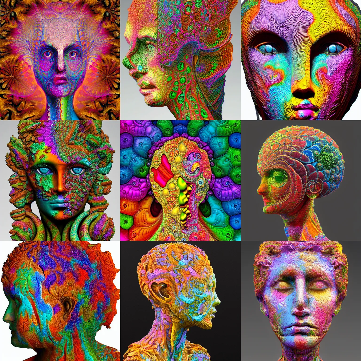 Prompt: an intricate and extremely detailed sculpture of a female head covered with a colorful fractal texture