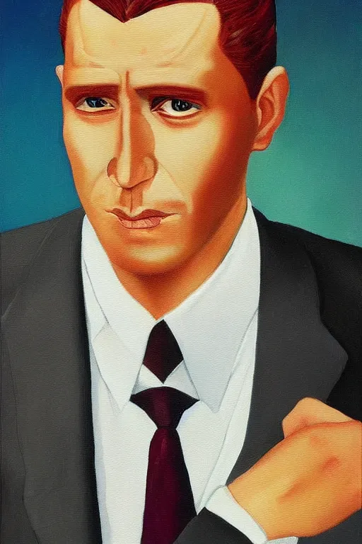 Prompt: a painting of a man wearing a suit and tie, a character portrait by Vladimir Tretchikoff, digital art by by József Borsos, trending on Artstation, cloisonnism, digital painting, digital illustration, vaporware