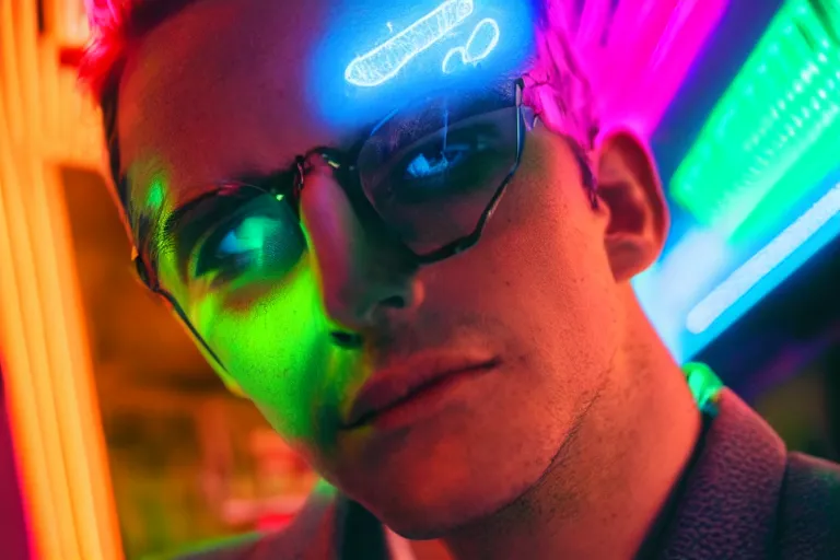 Image similar to handsome man, posing for the camera, neon lighting, closeup!!!!!!, macro!!!!!!, 3 5 mm!!!!!! lens, comprehensive art, neon!!!!!! atmosphere, intricately detailed, indistinguishably unique, 4 k, 8 k, detailed facial features