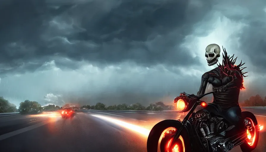 Prompt: Ghost Rider riding on the highway during a thunderstorm, hyperdetailed, artstation, cgsociety, 8k