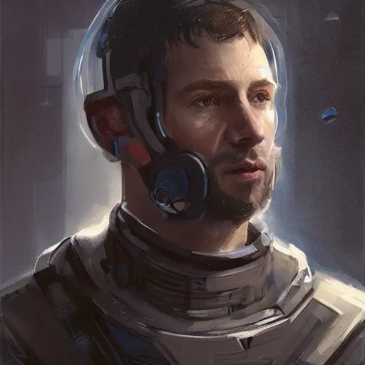 Image similar to Portrait of a man by Greg Rutkowski, he is about 30 years old, Nordic and Hebrew factions, messy brown short hair, strong, tired expression, father figure image, he is wearing a futuristic space gear, highly detailed portrait, scifi, digital painting, artstation, concept art, smooth, sharp foccus ilustration, Artstation HQ.