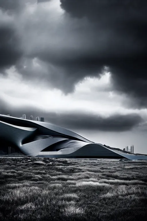 Image similar to a zaha hadid building in a stunning landscape by ansel adams, stormy weather, extreme detail photo quality, dark moody colors, featured on behance