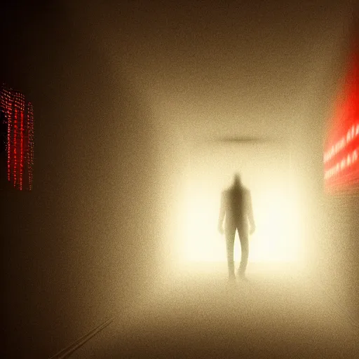 Image similar to photograph of an extremely dark narrow hallway with glowing humanoid monster made out of tv static, dark deep black shadows, red and black color contrast in the style of trevor henderson, liminal space, 3 d octane render, glitch effect