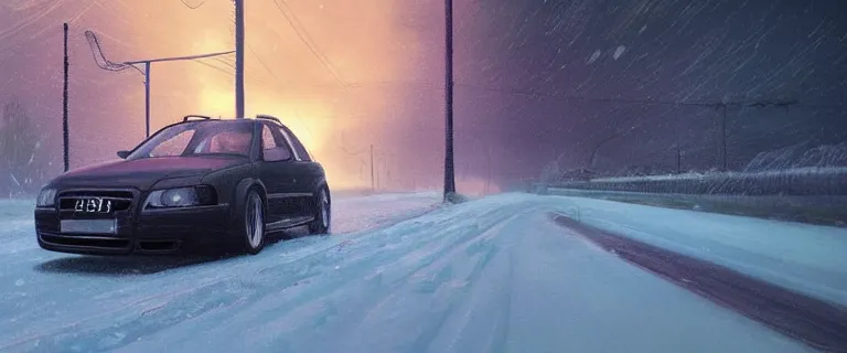 Image similar to Audi A4 B6 Avant (2002), a gritty neo-noir, dramatic bright lighting, cinematic, establishing shot, extremely high detail, photorealistic, cinematic lighting, artstation, by simon stalenhag, Snowy italian road, Snowy Apennines, At night, Poets of the Fall - Late Goodbye