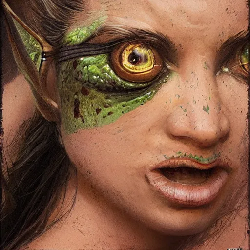 Image similar to close up portrait of a female frog princess, hyper detailed, by greg rutkowski, in the style of magic the gathering