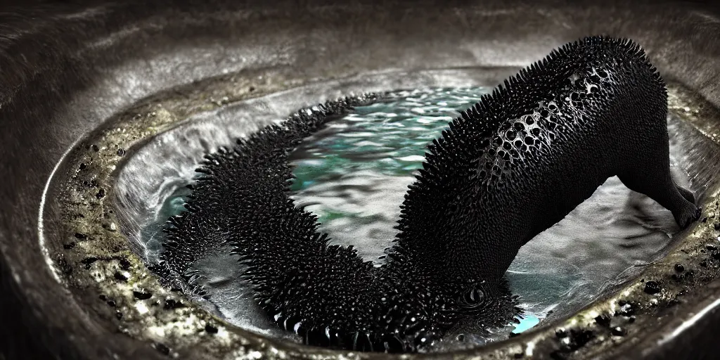 Prompt: a black lioness made of ferrofluid bathing inside the bathtub full of tar, covered with black goo, covered with slime, drooling ferrofluid. dslr, photography, realism, animal photography, color, modern bathroom, hyper realistic, 8 k resolution, v - ray, 3 d render