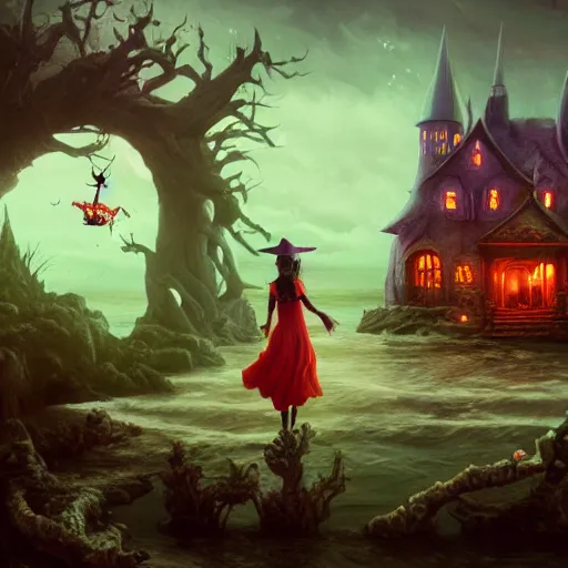 Prompt: a scary witch in front of a witche house made out of candy, floating on the ocean, epic scene, fantasy, cinematic, hyper - detailed, in the style of greg rutkowski