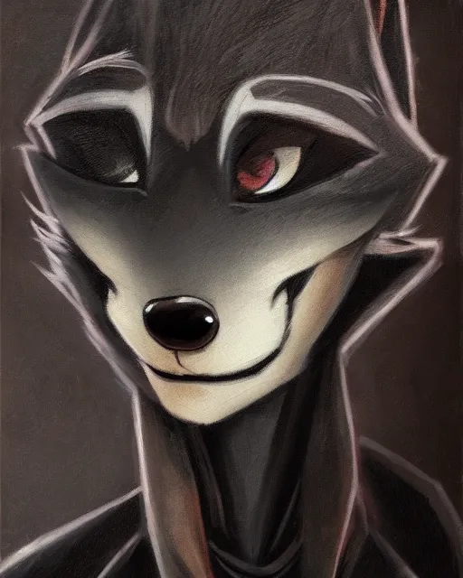 Image similar to dark oil painting of anthromorphic female wolf, in style of zootopia, zootopia, zootopia, fursona, furry, furaffinity, 4 k, deviantart, furry art, fursona art, wearing black business suit, business suit, in style of zootopia, wolf fursona, cyberpunk, female, very very very expressive detailed feminine face,