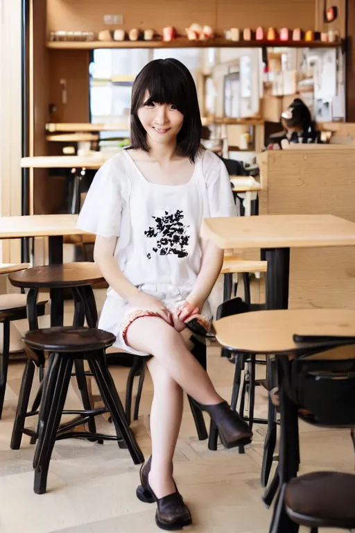 Prompt: her name is shimizu, age is 2 3, pretty japanese girl, brown hair, revealing black top, at cafe, lives in fukuoka, 8 k, photography, photography lighting