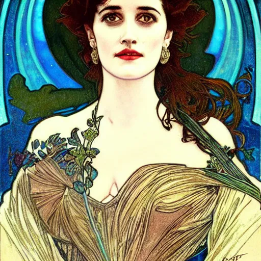 Prompt: eva green portrait by louis - theophile hingre and alphonse mucha, realistic, sharp focus, zodiac signs, tarot cards, planets, ethereal, art nouveau, magic, moon, sun, crown, dreamy, royal, jewellery