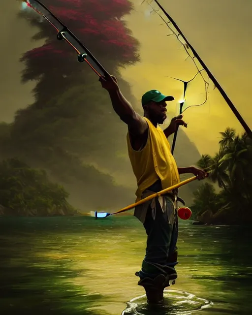 Image similar to fisherman, male, Jamaican, wide angle, yellows blacks greens reds, magical fishing rod weapon, D&D, fantasy, intricate, elegant, highly detailed, digital painting, artstation, octane render, concept art, matte, sharp focus, illustration, hearthstone, art by Artgerm and Greg Rutkowski and Alphonse Mucha