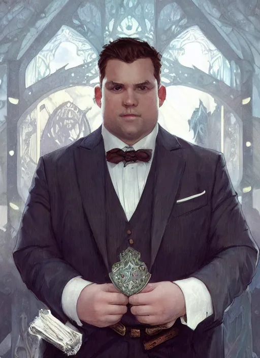 Prompt: wow! fanart throne of glass fantasy portrait of a clean - shaven chubby chubby chubby white man in a brown suit and tie, d & d, high fantasy, detailed, digital art, artstation, smooth, sharp focus, art by artgerm, greg rutkowski, alphonse mucha