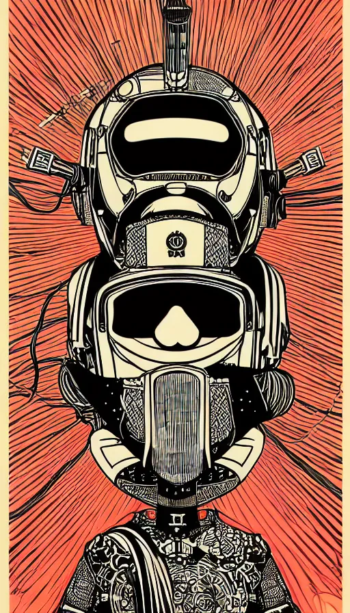 Image similar to !dream Illustrated by Shepard Fairey and H.R. Geiger | Cyberpunk Samurai with VR helmet, surrounded by cables