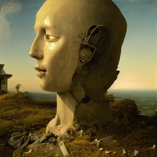 Image similar to hyperrealistic surrealism, David Friedrich, award winning masterpiece with incredible details, Zhang Kechun, a surreal vaporwave vaporwave vaporwave vaporwave vaporwave painting by Thomas Cole of a gigantic broken mannequin head sculpture in ruins, astronaut lost in liminal space, highly detailed, trending on ArtStation