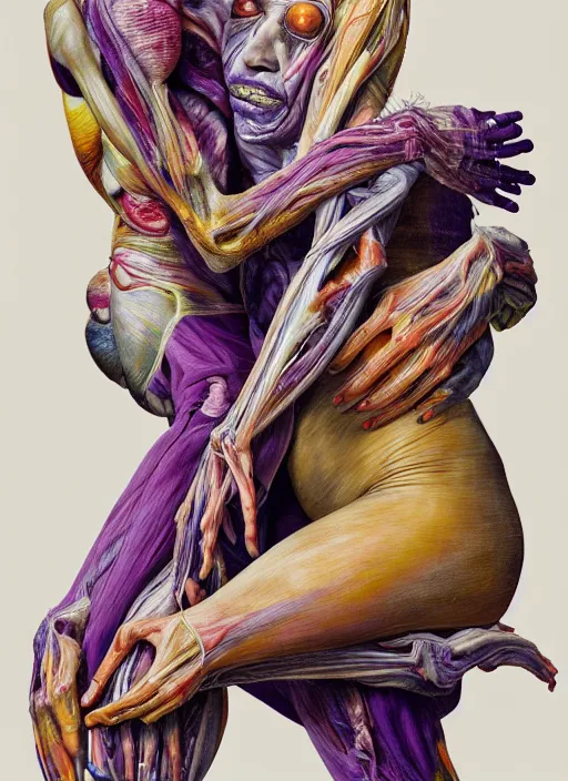 Prompt: a surreal biomorphic, painting of human figures in a dramatic pose, extra limbs, draped in purple, gold silk, highly detailed, compassionate embrace, emotionally evoking, octane render, centre image, by!!! jenny saville and charlie immer!!!, anatomy by arcimboldo and gunter von hagen