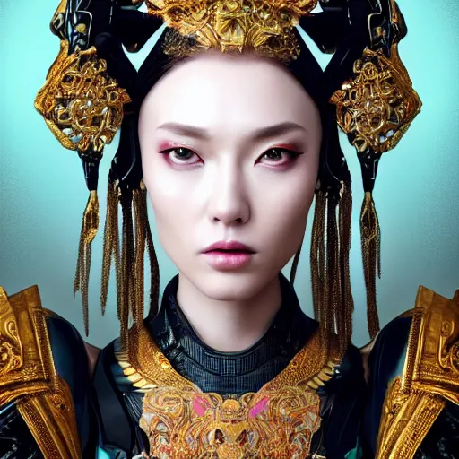 Image similar to a beautiful empress portrait, with a brilliant, impossible striking big cybernetic headpiece, cybernetic clothes, symmetrical, dramatic studio lighting, rococo, baroque, asian, hyperrealism, closeup, D&D, fantasy, intricate, elegant, highly detailed, digital painting, artstation, octane render, 8k, concept art, matte, sharp focus, illustration, art by Artgerm and Greg Rutkowski and Alphonse Mucha