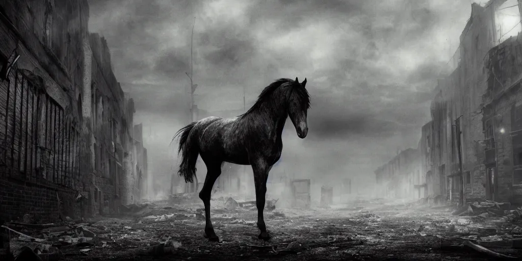 Prompt: horse standing alone in an abandoned courtyard of a destroyed city, moody atmosphere, fog, sunset, cinematic, style of Steven Spielberg, wide angle lens, artstation trending, highly detailed,