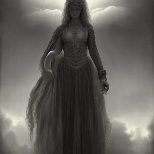 Prompt: By Tom Bagshaw, ultra realist soft painting of curiosity carnival by night, Choco in long dress looking into social networks for love, symmetry accurate features, very intricate details, ominous sky, black and white, volumetric light clouds