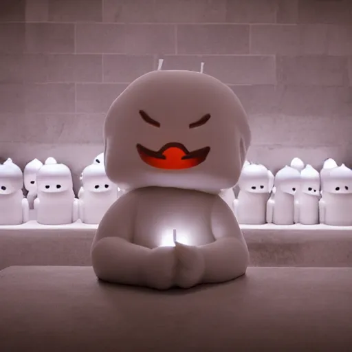 Image similar to a white marble statue of the reddit snoo mascot in a darkened room surrounded by lit candles