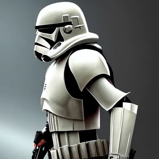 Image similar to full body shot of an imperial stormtrooper in battle position ready to shoot his blaster concept art by Doug Chiang cinematic, realistic painting, high definition, very detailed, extremely high detail, photo realistic, concept art, the Mandalorian concept art style