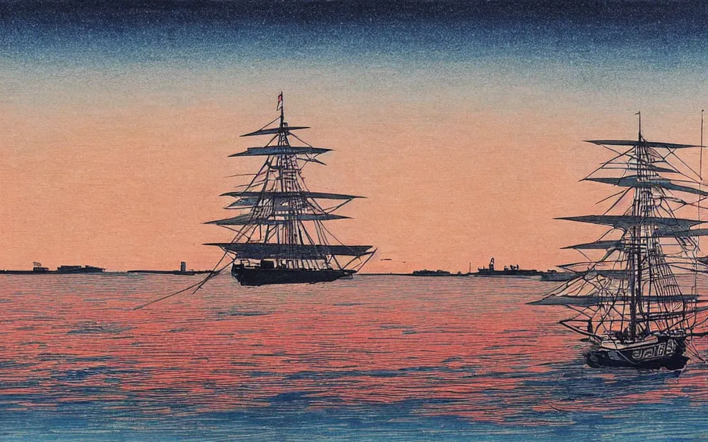 Prompt: 🌅 ⛵ ⛩ 🌌. shin - hanga