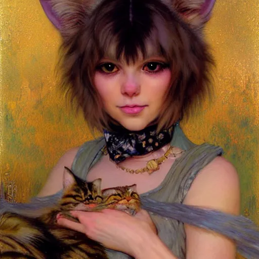 Image similar to portrait of a furry fluffy female tabby cat in a cute dress. shadowrun furaffiniy cyberpunk fantasy highly detailed painting by gaston bussiere craig mullins jc leyendecker gustav klimt artgerm greg rutkowski john berkey, bergey, craig mullins, ruan jia, raymond swanland, jeremy mann, tom lovell, alex malveda