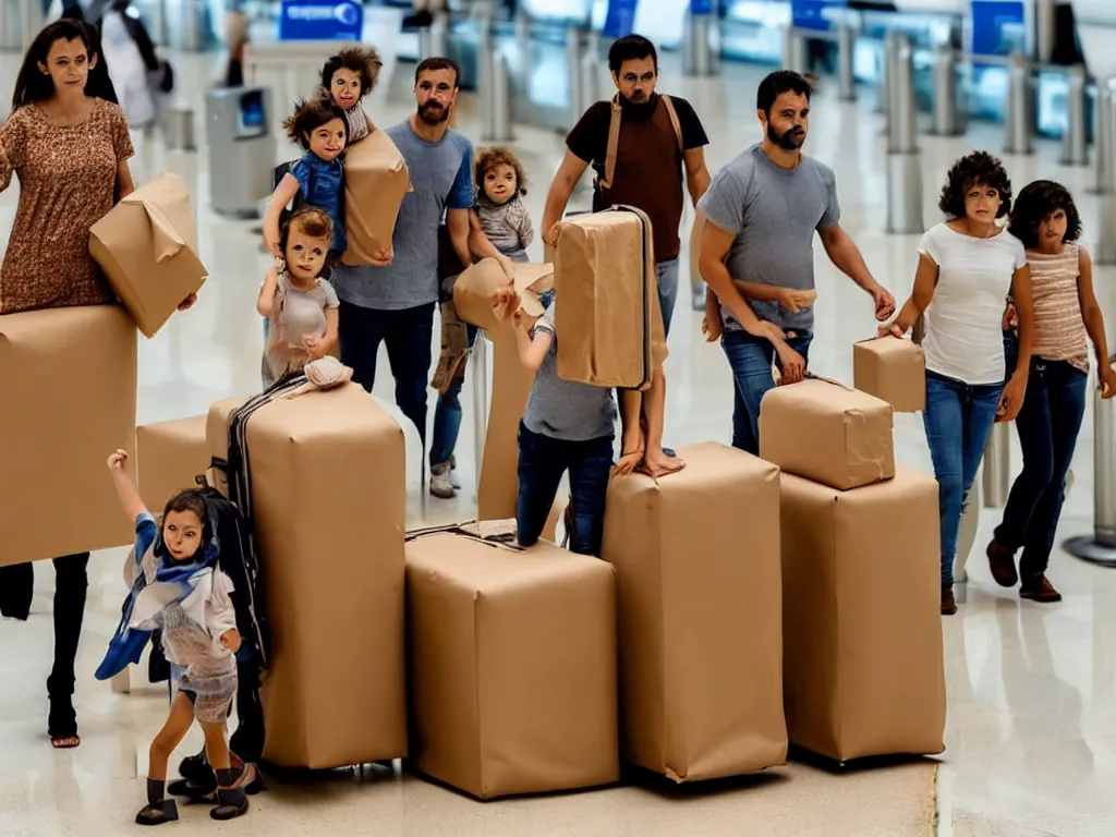 Image similar to a perfect abstract sculpture of a family going on a package holiday, wrapped in brown paper, hurrying through airport security as if they had not a care in the world. as they leave behind a wake of destruction in their suburban paradise.