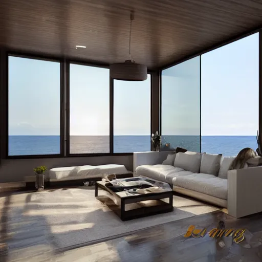 Image similar to modern interior home design, living room with window facing the sea and sun, photorealistic, ultra-detailed, HDR, high resolution