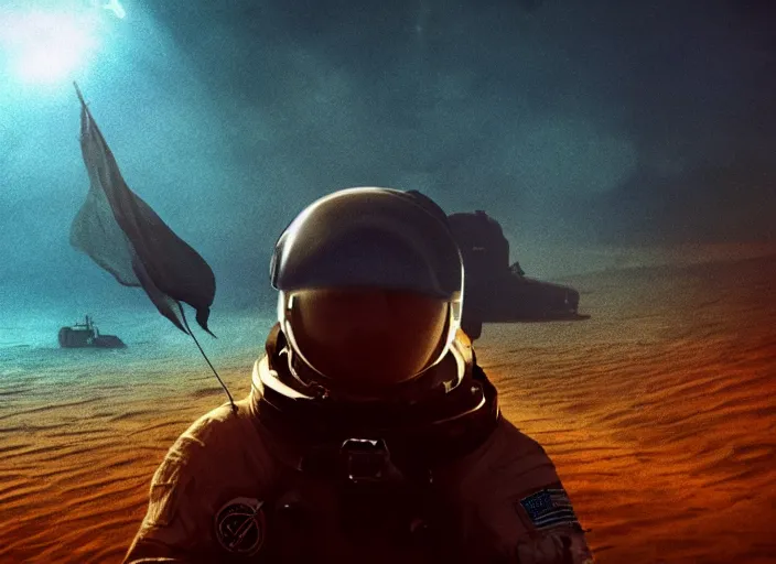 Image similar to astronaut holding a flag in an underwater desert. a submarine is visible in the distance. dark, concept art, cinematic, dramatic, atmospheric, 8 k, trending on artstation, blue, fish, low visibility, fog, ocean floor, christopher nolan, interstellar