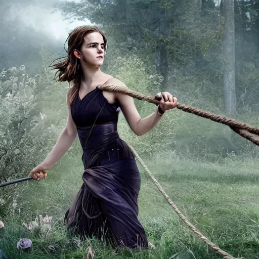 Prompt: emma watson, full body and face, head to toe visible in the photo, hands tied with a metal pole via rope, damsels in distress, 4 k, hyperrealistic