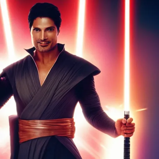 Image similar to Chayanne the singer as a jedi in star wars, holding a lightsabre. splash art, cinematic lighting, dramatic, octane render, long lens, shallow depth of field, bokeh, anamorphic lens flare, 8k, hyper detailed, 35mm film grain