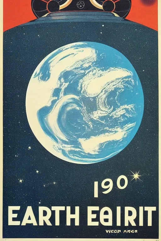 Prompt: poster of earth, 1 9 5 0 s style, futuristic design, dark, symmetrical, washed out color, centered, art deco, 1 9 5 0's futuristic, glowing highlights, intense