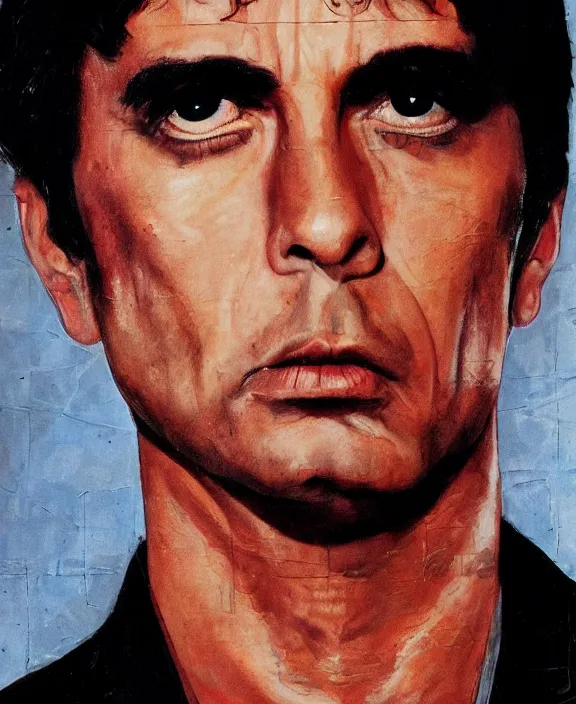 Image similar to headshot portrait. tony montana from movie scarface 1 9 8 3. al pacino, perfect symmetric face, coherent eyes, fine details., 4 k, ron cobb