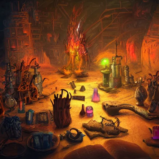 Image similar to these monsters are consumed by fire, yet they remain unharmed. they are surrounded by the tools of the alchemist's trade - beakers and test tubes full of colorful liquids, crystals, and books of ancient knowledge. the scene is suffused with an eerie glow, as if something magical is happening here. dramatic lighting epic glows eerily beautiful photograph