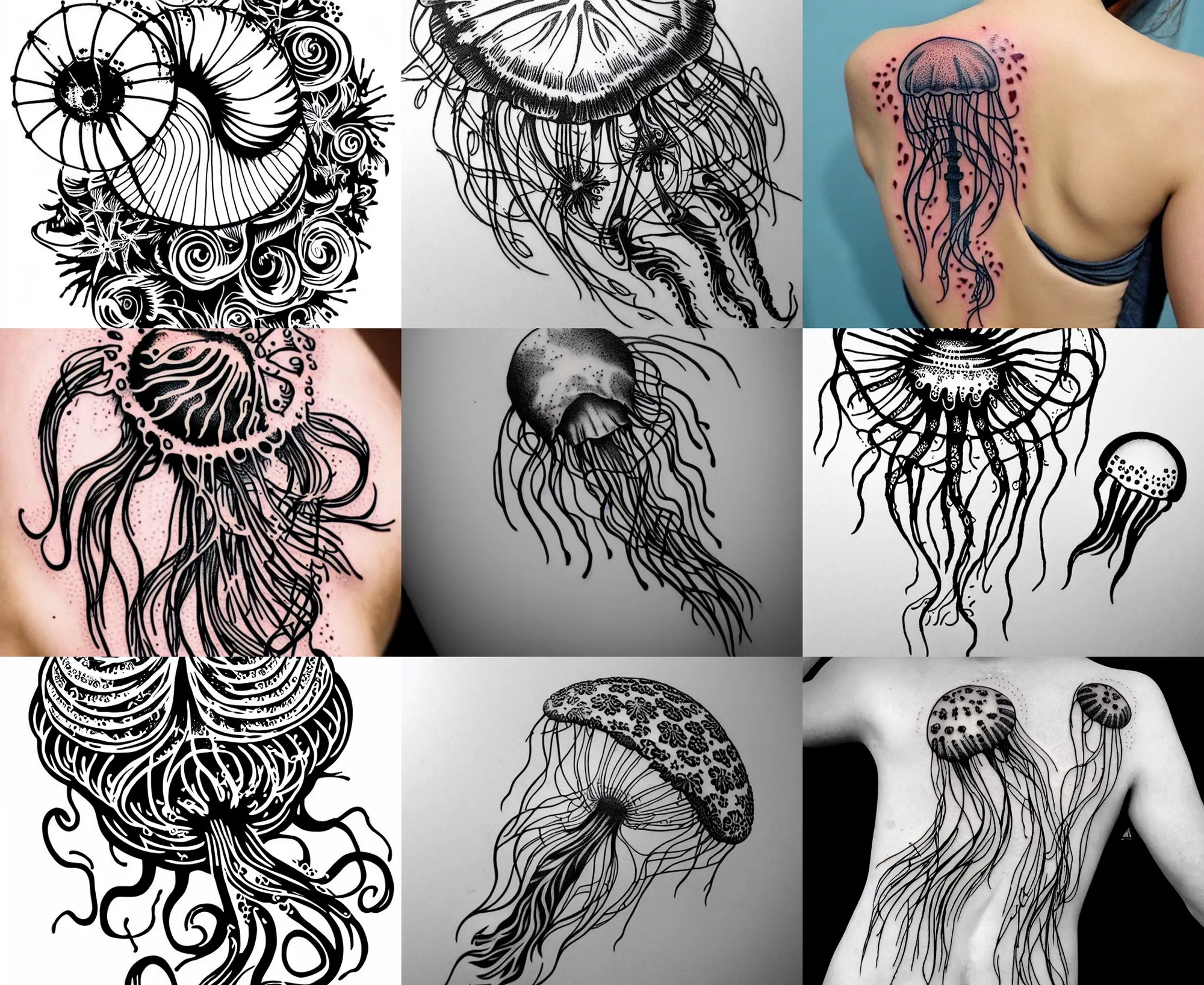 Prompt: detailed amazing tattoo stencil of a small cute jellyfish floral