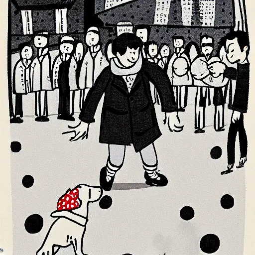 Image similar to book illustration of a french boy on the streets of paris playing football against a corgi, the dog is wearing a polka dot scarf, 1 9 6 6