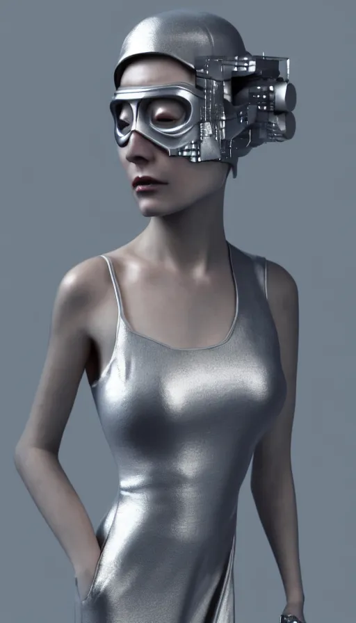 Prompt: a woman wearing a silver dress and a silver mask, cyberpunk art by zhou fang, cgsociety, computer art, daz 3 d, zbrush, rendered in maya