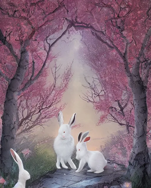 Image similar to ink on paper portrait of two white bunnies in colorfull kimonos in the foreground of a surreal environment with cherry blossoms by greg rutkowski and michael whelan