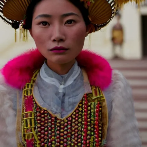 Prompt: closeup photo of a young chinese mexican brazillian tribal woman in the style of rosie matheson in a film still of the grand budapest hotel ( 2 0 1 4 )