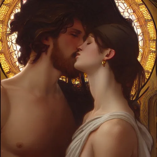 Image similar to jesus kissing a maria maddalena, intricate, elegant, highly detailed, digital painting, artstation, concept art, matte, sharp focus, illustration, art by artgerm and greg rutkowski and alphonse mucha