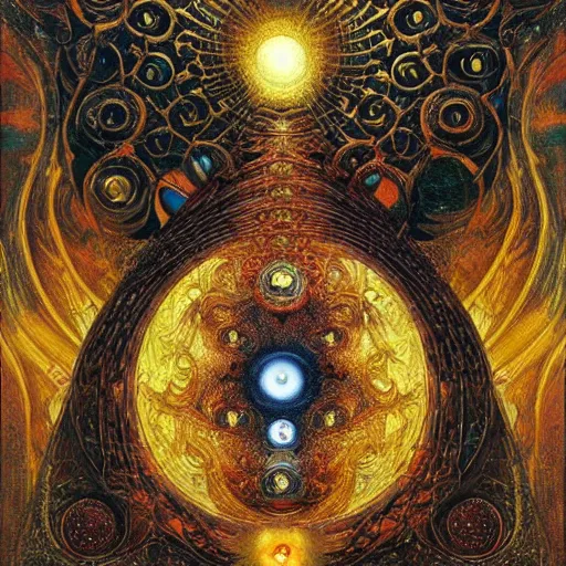 Image similar to Divine Chaos Engine by Karol Bak, Jean Deville, Gustav Klimt, and Vincent Van Gogh, sacred geometry, visionary, mystic, spiritual, fractal structures, ornate gilded medieval icon, third eye, spirals