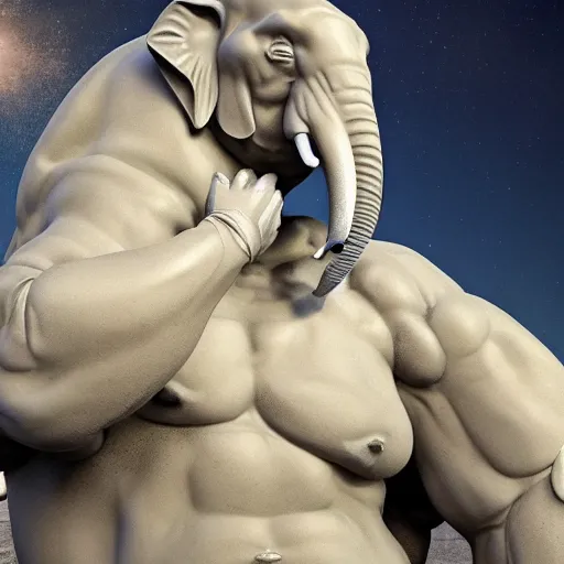 Prompt: elephant bodybuilder proudly showing his gluts, marble statue,bernini masterpiece, photorealistic, high resolution, award winning, trending on artstation, moon, highly detailed, night, volumetric lighting