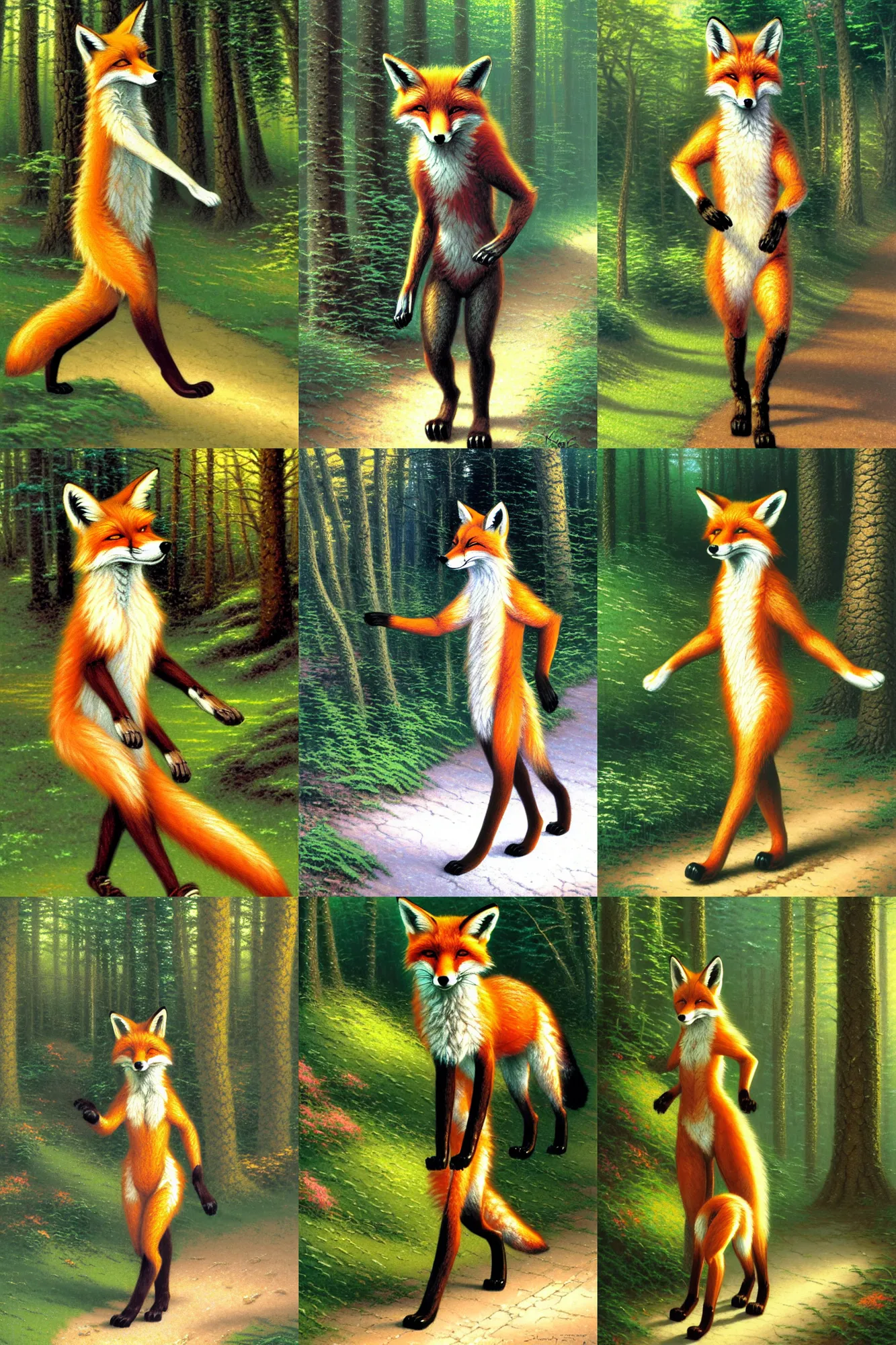 Prompt: anthro digitigrade natural - colored fox person with black paws, walking upright in a forest, hibbary, thomas kinkade