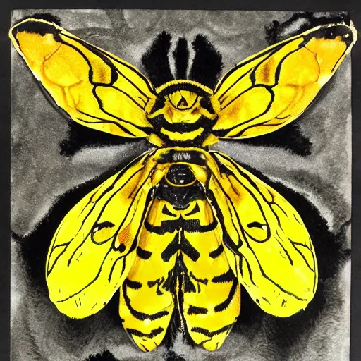 Image similar to alcohol ink, ink blott, rorschach test depicting deaths head moth in yellow and black, detailed, symmetrical