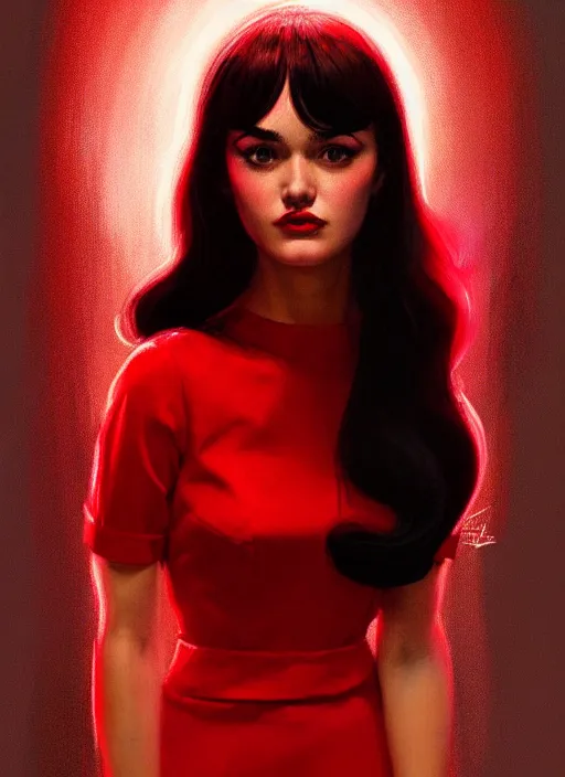 Prompt: portrait of veronica lodge with bangs, 1 9 6 0 s, long hair, red clothes, bangs, intricate, elegant, glowing lights, highly detailed, digital painting, artstation, concept art, smooth, sharp focus, illustration, art by wlop, mars ravelo and greg rutkowski
