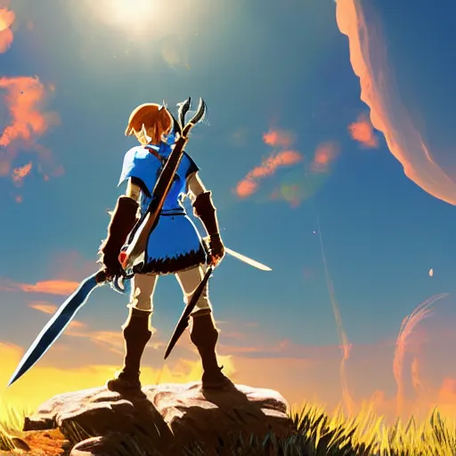 Image similar to a ultra detail picture portrait of A warrior in shimmering armor, the sun at their back, strides forward with sword held high. They are the embodiment of courage and strength, and they are ready to fight for what is right. vivid tones, wide angle, by miyazaki, nausicaa ghibli, breath of the wild, 8k, photorealistic,